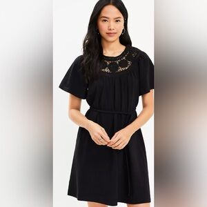 LOFT Petite Crochet Neck Flutter Sleeve Swing Dress- XSP IN black - worn once!